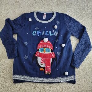 Holiday Time Large Chillin Penguin Ugly Christmas Sweater Blue‎